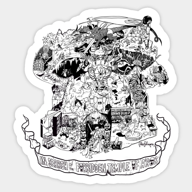 In Search of the Forbidden Temple of A'rob (line art) Sticker by AlexRobinsonStuff